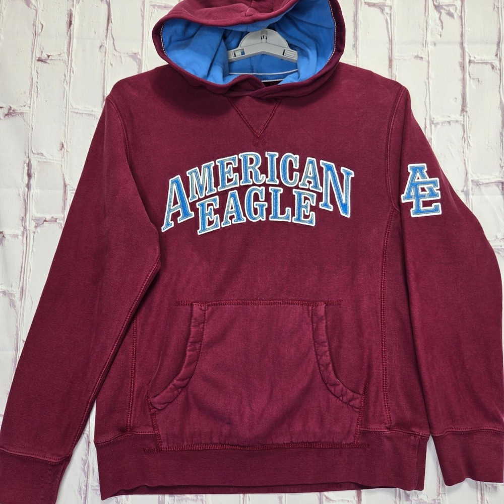 VTG Y2K American Eagle Hoodie Maroon Varsity Logo Cotton Fleece Pullover Mens M